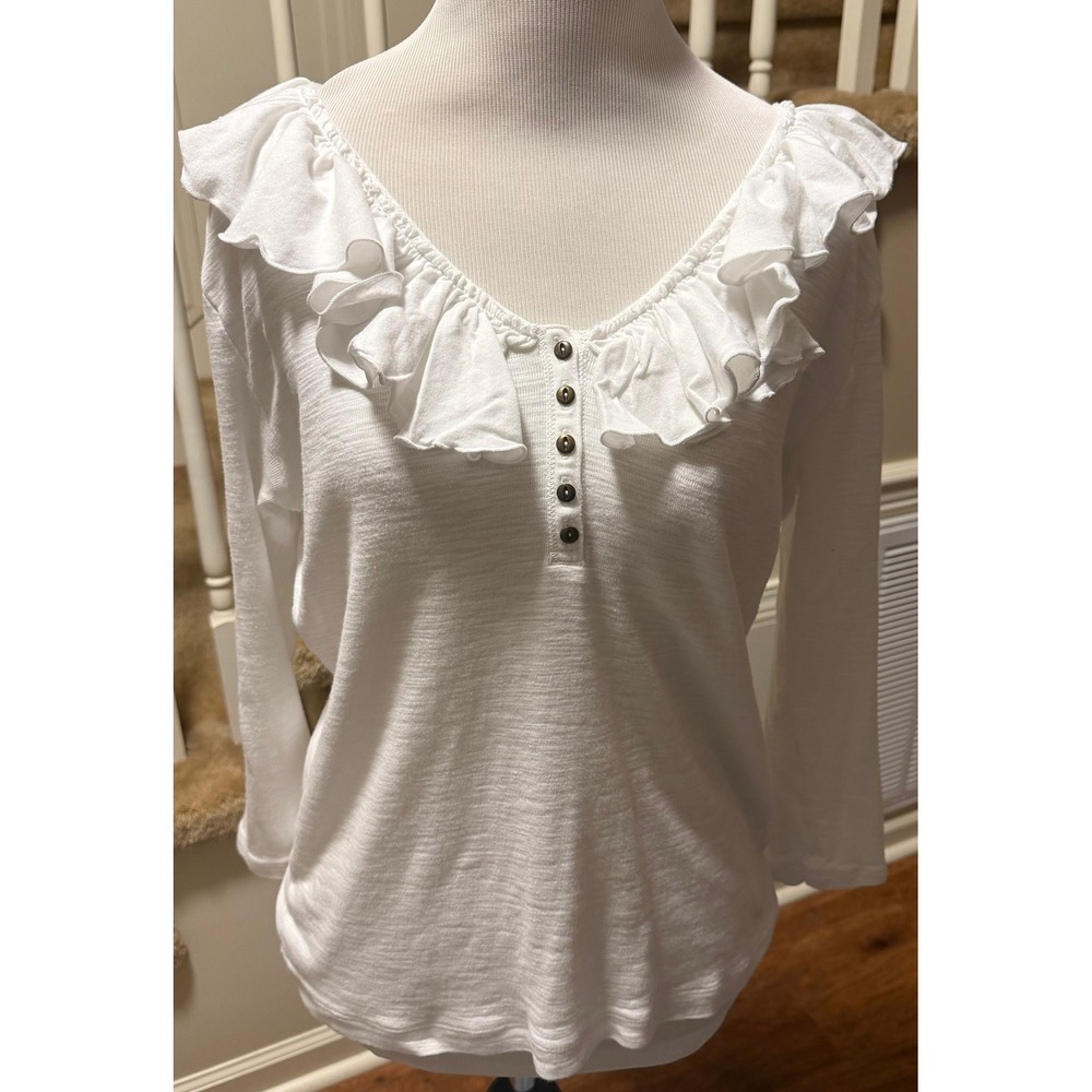 Chaps Denim Womens White Ruffle Henley Long Sleeve Cotton Slub Knit Top Size M